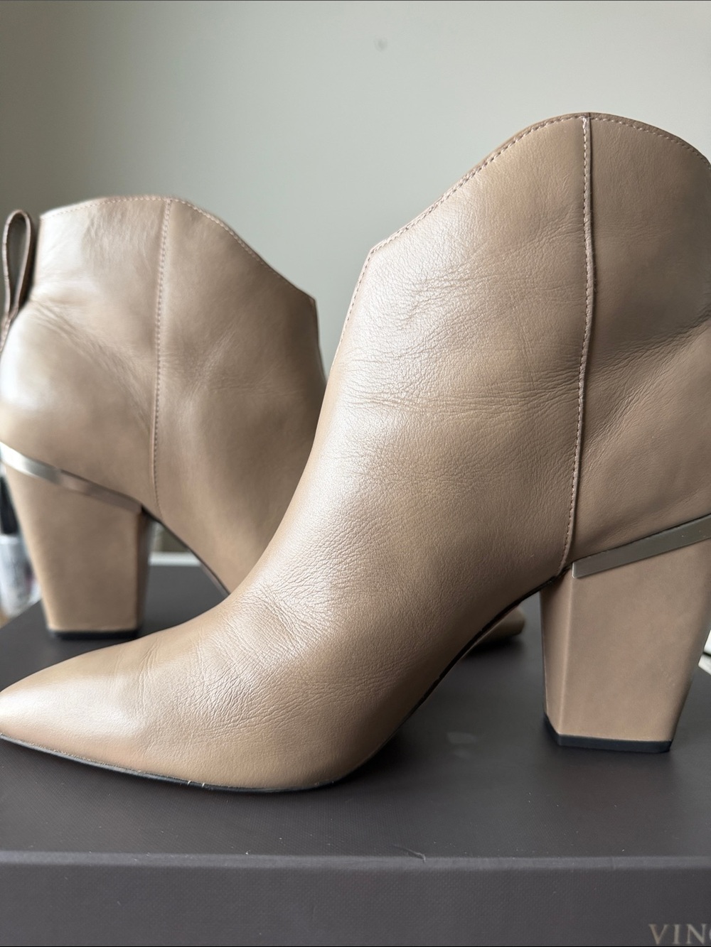 Nordstrom Taupe Leather Pointed Toe Ankle Booties with Block Heel